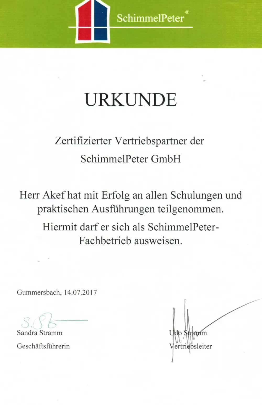 Urkunde-SchimmelPeter Zertifikate- Swiss Renovation